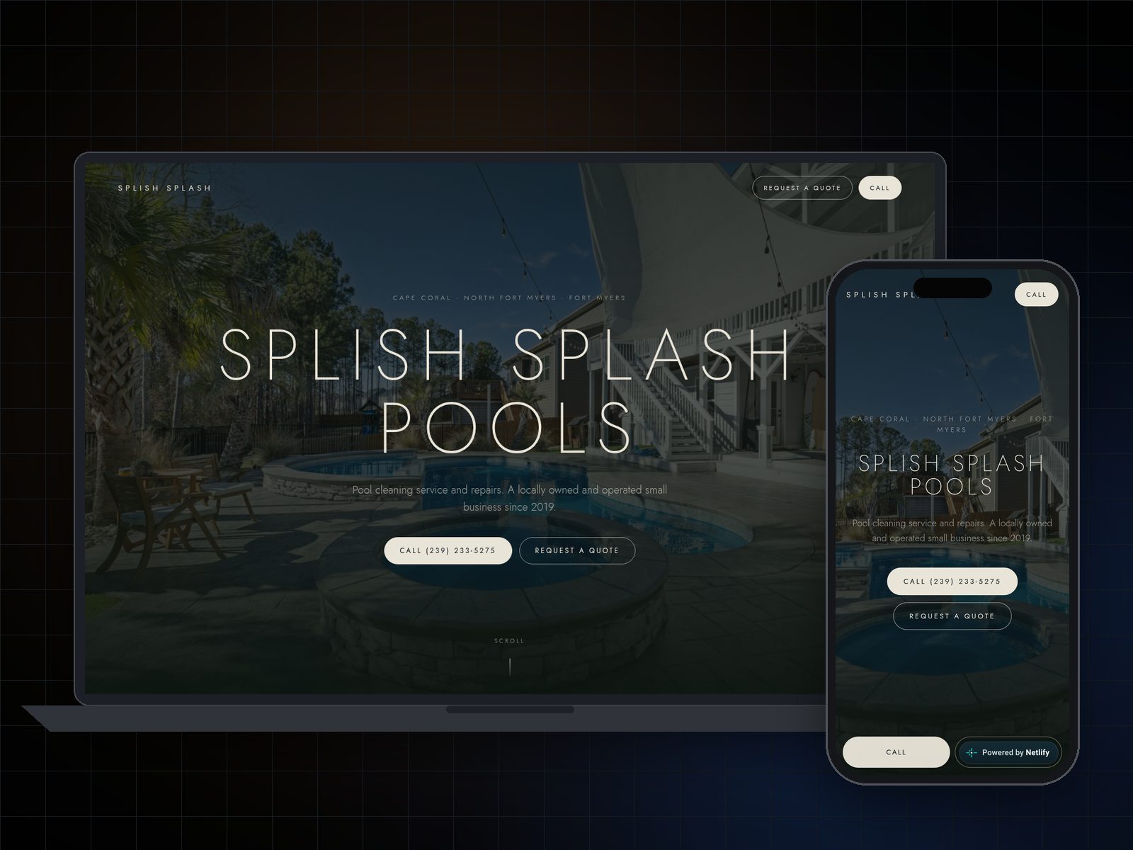 Splish Splash Pools sample site shown on a laptop and a phone